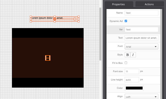 screen grab showing video and text components on FlashTalking artboard