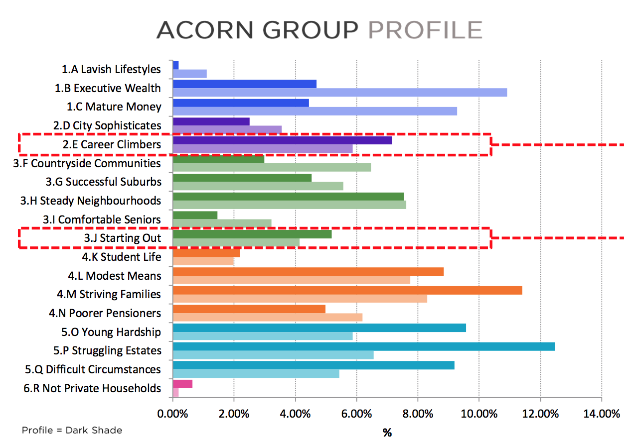 Customer Profiles for the client. Career climbers and starting out profiles are highlighted.