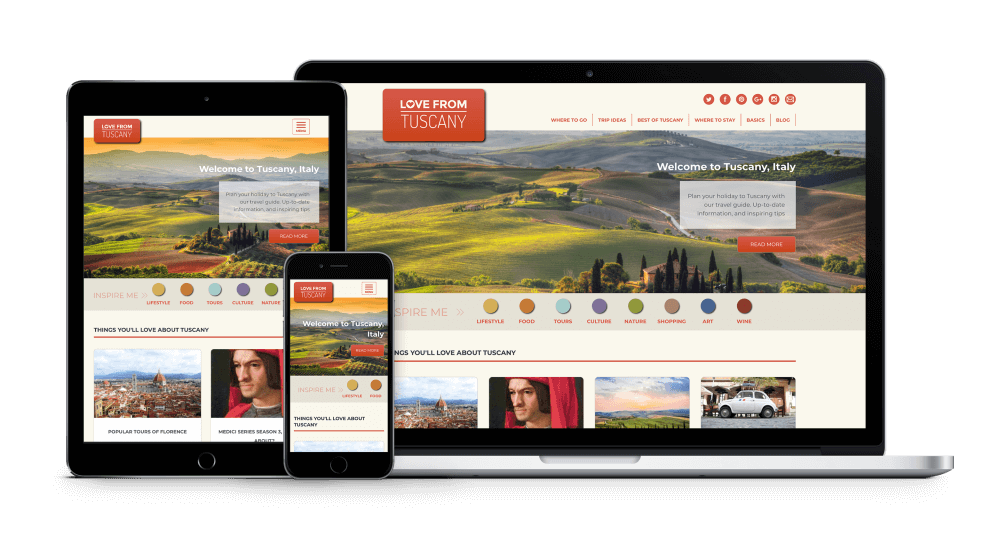 A tablet, mobile and desktop device all showing the homepage for the website Love From Tuscany