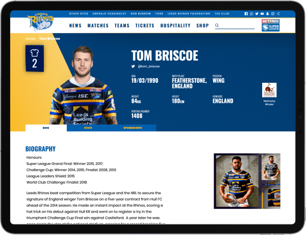 Leeds Rhinos website shown on a tablet device
